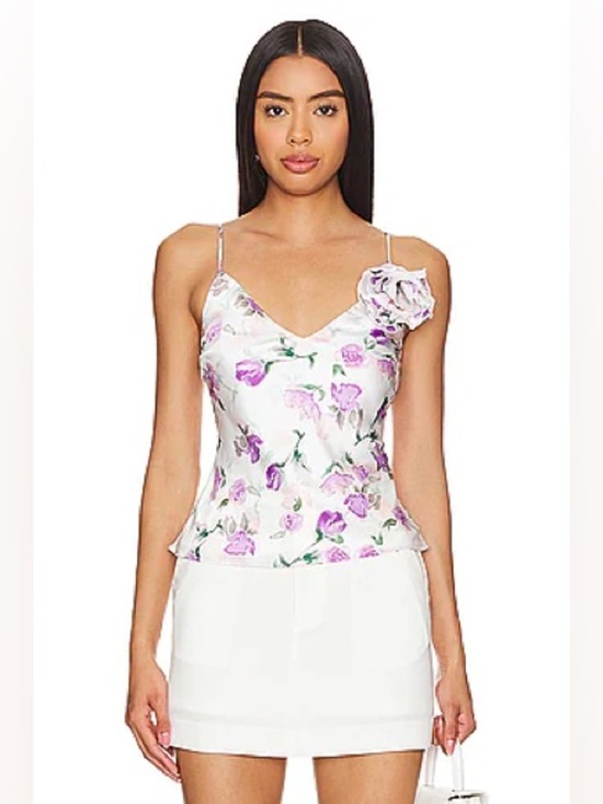 Bardot Tops - Bardot Wisteria Satin Floral V-Neck Cami with Rosette - White & Purple